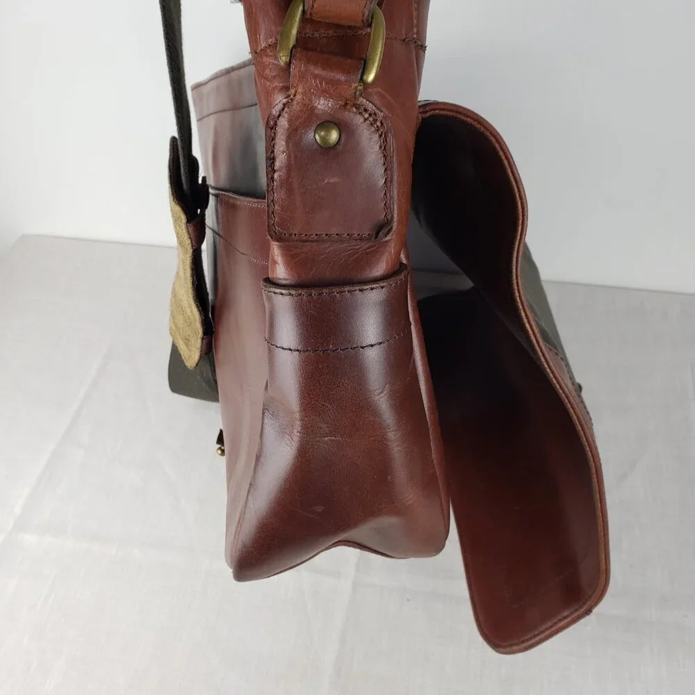 J Crew Cognac Brown Leather Messenger Bag Postal Briefcase Crossbody Satchel